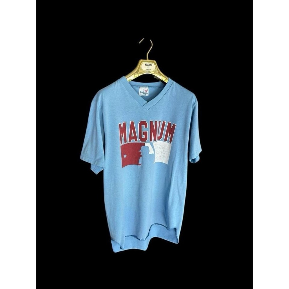 Vintage‎ 80's Magnum Baseball Three Quarter Sleeve Shirt Sz Large Powder Blue